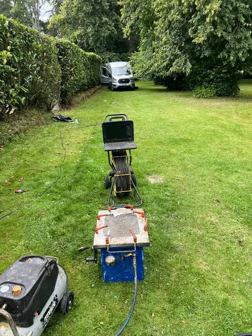 Easy Flow Drainage Solutions CCTV drain survey equipment and jetter set up in a garden